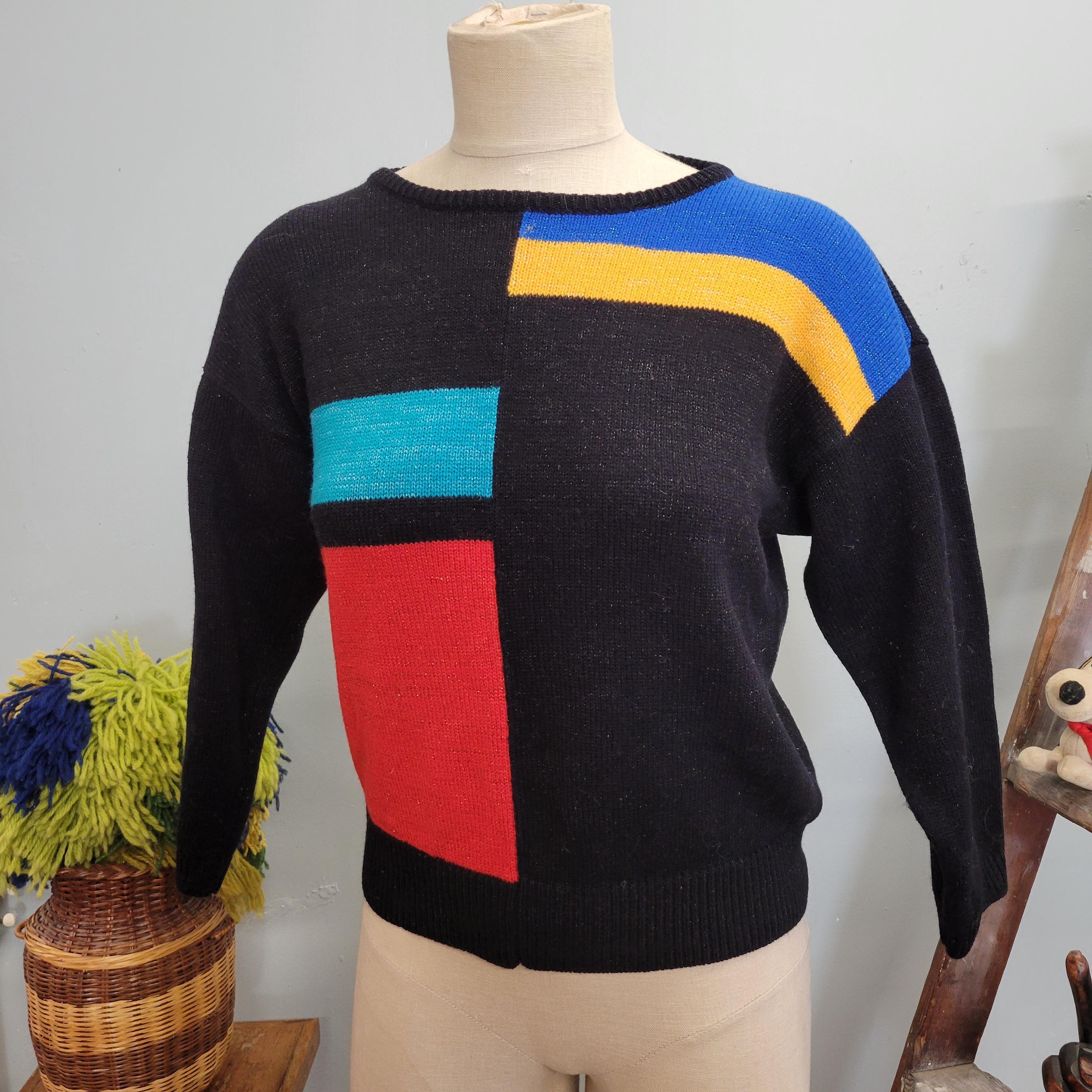 ニット+セーター VINTAGE - Color Blocking Design Ds Sweater Vtg 80s Color Block Lurex Sweater: Vintage Cropped Metallic Knit