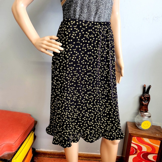 vtg 90s Slinky Celestial Skirt, Frazier Lawrence Crescent Moon & Stars Pattern Midi
