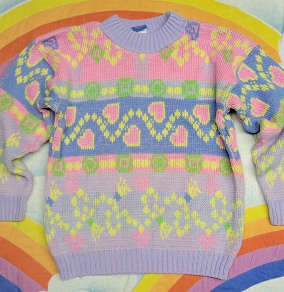 Vintage 90s Neon Pink Abstract Sweater // Petite … - image 1