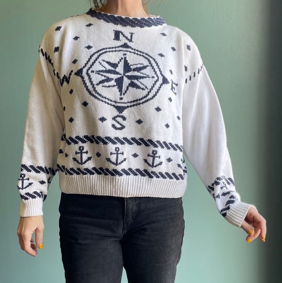 vtg 80s NAUTICAL SWEATER Ninon de lenclos navy compass sea ocean usn cute blue white print unisex femme style fit designer direction