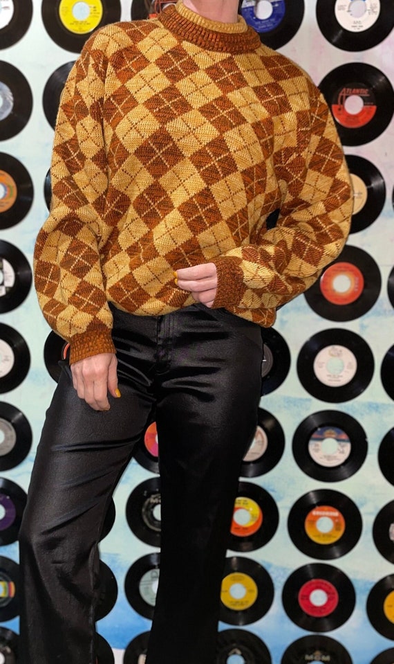 Vintage 80s Gold Checkered Sweater Van Heusen Gear Preppy