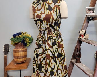 Vintage 60s Mod Midi Dress: Abstract Floral Pattern, Earth Tones