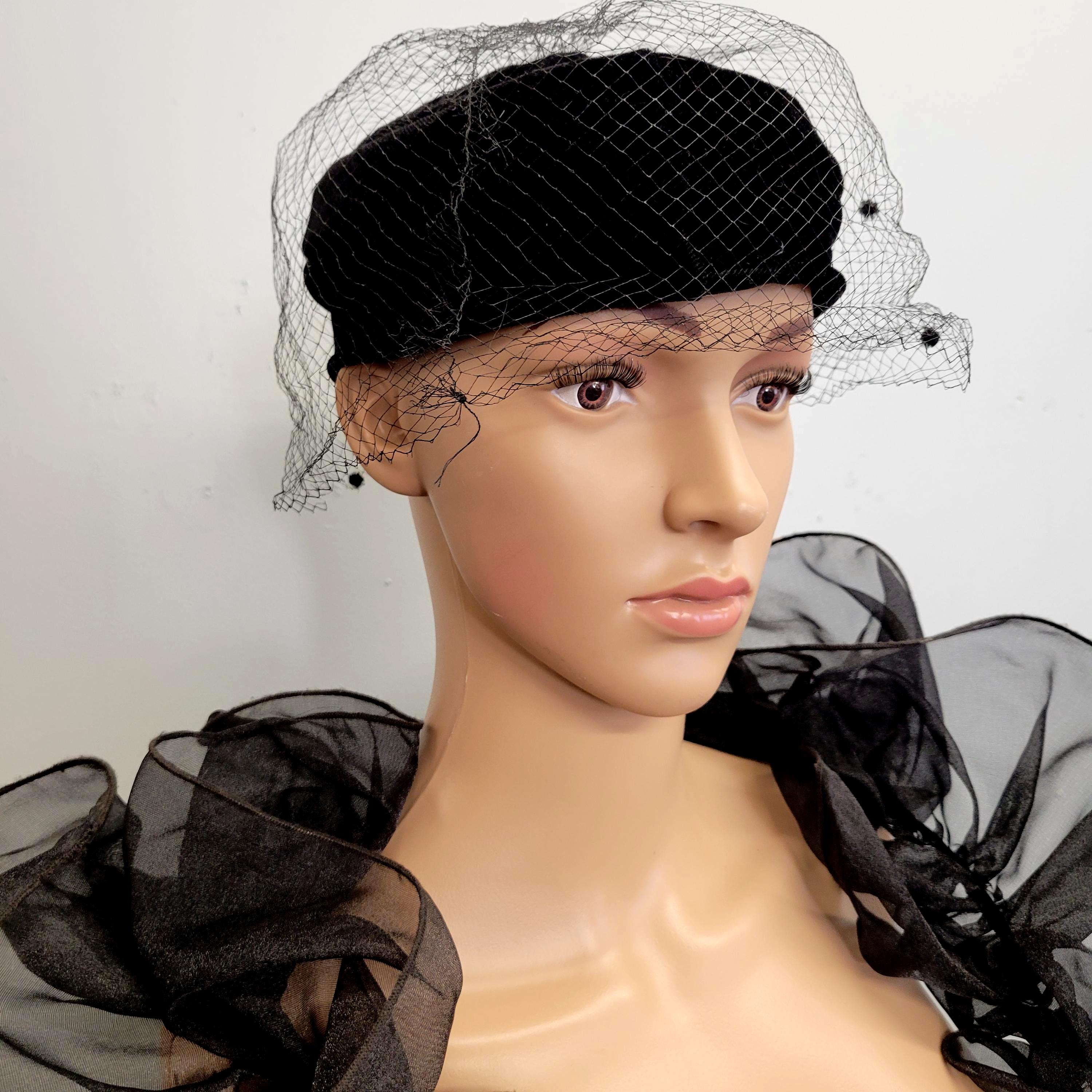 Vintage 50\'s French Black Velvet Cocktail Hat with Ribbon band retro veil style Vintage 1950s-60s Miss Sally Victor black velvet pillbox hat main image 2