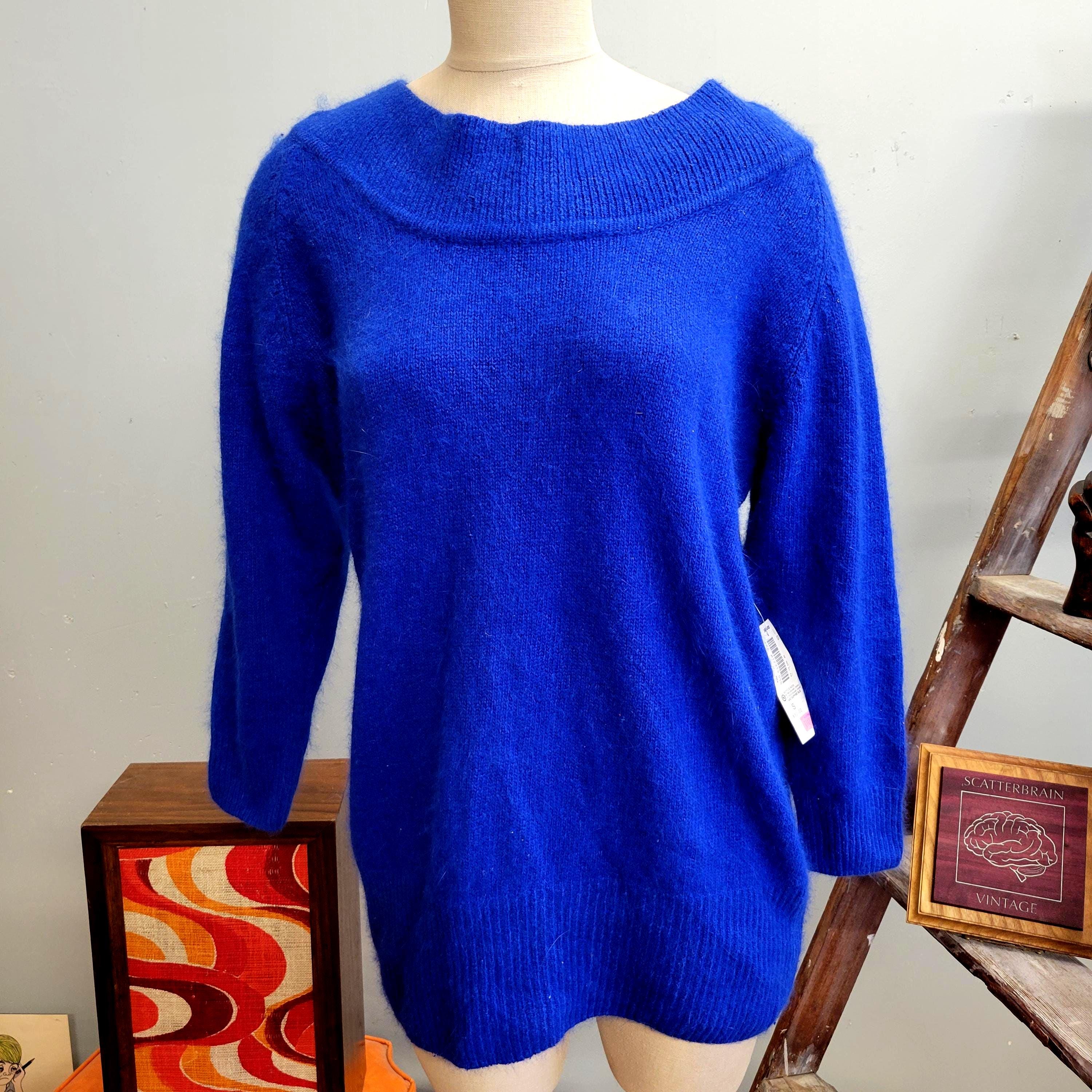 Vintage 80s Blue Angora Blend Sweater: Ribbed Knit, Oversized Fit