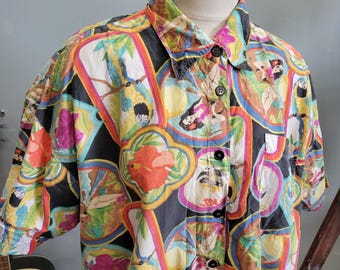 1950s Rayon Shirt - Navy Blue / 50s Vintage Shirt / Make