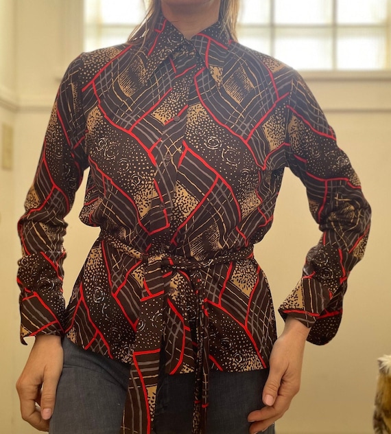 Vintage 70s Belted Polyester Shirt // Abstract Pr… - image 9
