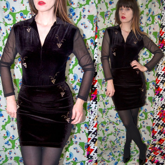Vintage 1980's STUDDED GRAPES 2 Piece Black VELVET