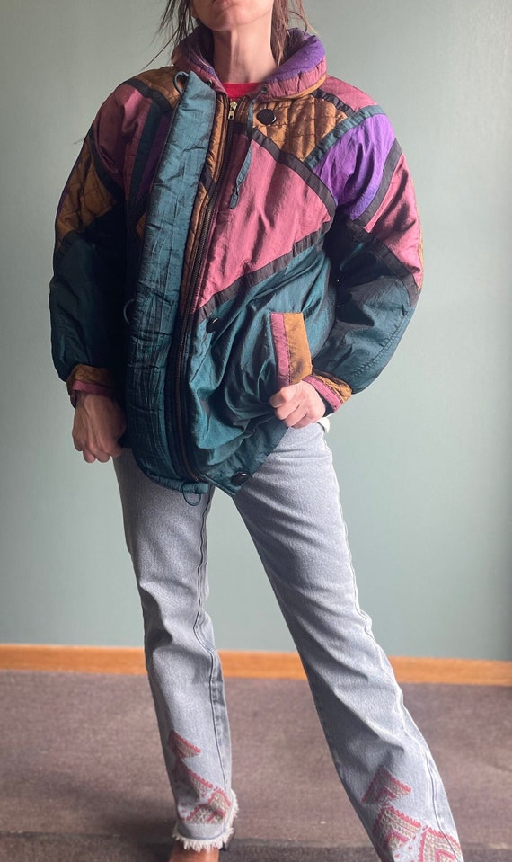 Vintage 80s Metallic Puffer Jacket: Color Block Overcoat - Etsy UK