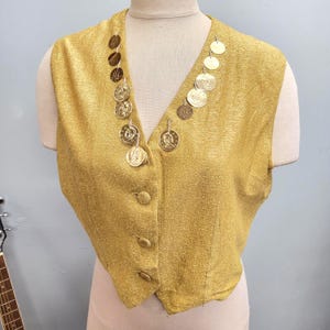 vtg 70s GOLD COIN VEST / vintage small glitter lurex disco funky v neck shimmy retro disco costume top button up cropped midriff slinky vest