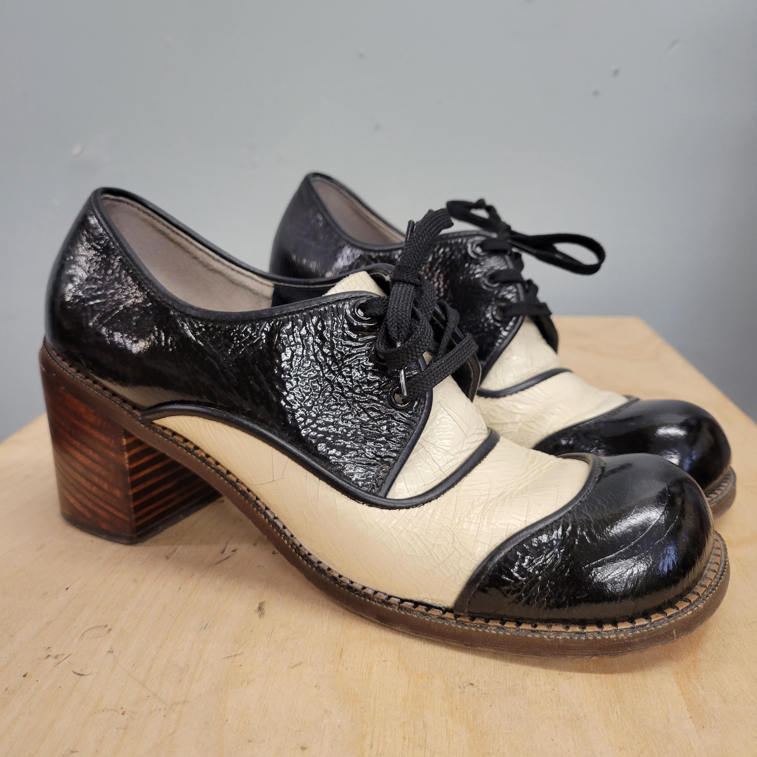 Vtg 70s Black & White LEATHER OXFORD PLATFORMS : Vintage  display picture 3