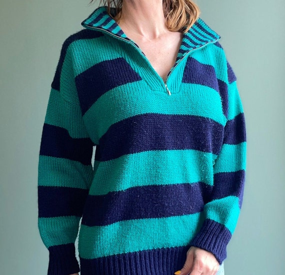 Vtg 80s Teal & Black Striped Slouchy Sweater / Zi… - image 3