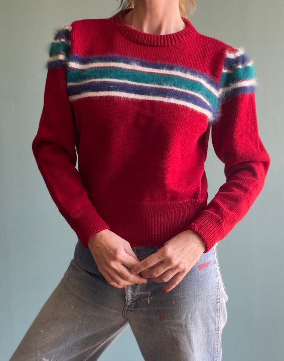 Vintage 70s Striped Fuzzy Sweater / Snowcaps Ski S