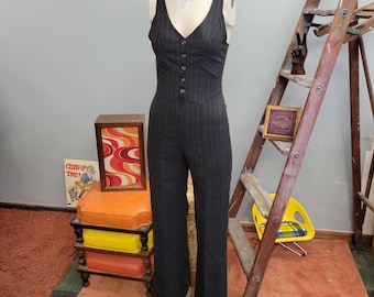Vtg 90s Pinstripe  Jumpsuit,  V-Neck Buttons Pantsuit