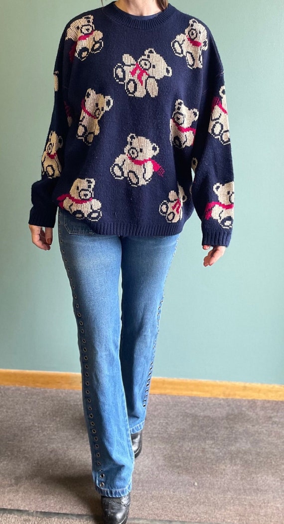 Teddy Bear Sweater Blue Vintage Pullover 80's Women S 