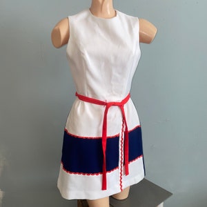 60s Mod Mini Dress: Nautical Colorblock Belted Sleeveless Summer Dress