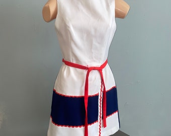 vtg 60s Mod Mini Dress: Nautical Colorblock Belted Sleeveless Autumn Dress