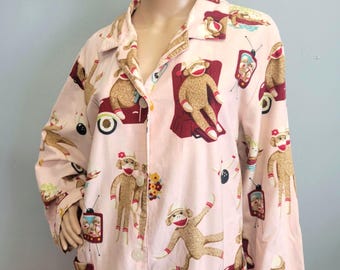 vtg 90s Nick & Nora Sock Monkey Shirt, vintage XL Pastel Pink Fleece Top