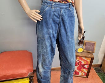 vtg 1940s SIDE ZIP JEANS Flannel Lined : vintage Crown Brand distressed gingham plaid high rise barrel workwear bleached tapered saddle pant