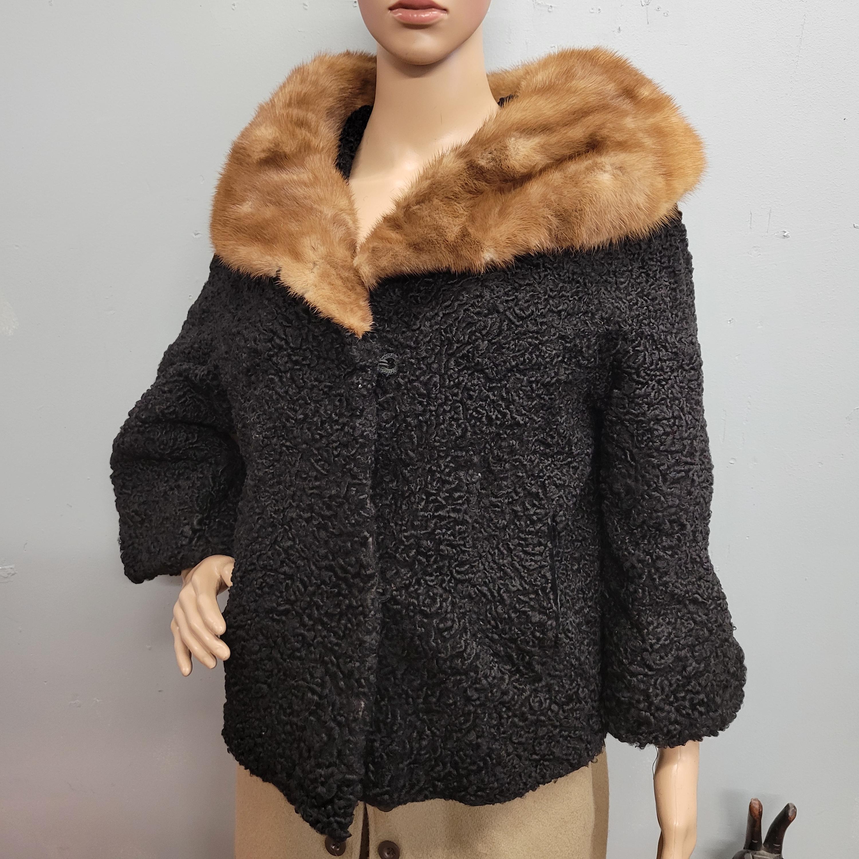 Vtg 1950s Black Persian LAMB FUR Coat With Mink Fur Collar