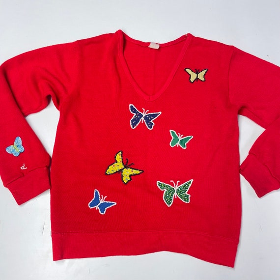 Vintage 70s patchwork butterfly sweater v neck sc… - image 1