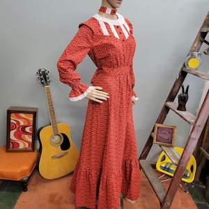 70s Prairie Dress & Choker: Red Calico Floral Lace Trim - Medium/Large