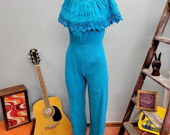 vtg 70s Blue Gauze Jumpsuit: Lace Trim Off-Shoulder Romper Style