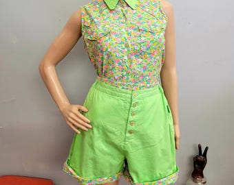 vtg 80s GITANO Two Piece Shorts Set, Green & Pink Floral Blouse and Matching Bloomers