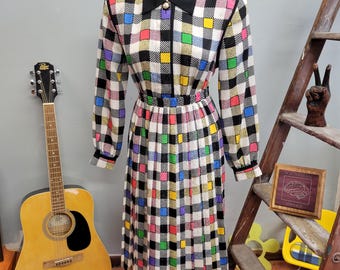 vtg 80s RAINBOW CHECKERED OUTFIT // vintage 2 piece size 8 womens Andrea Gayle petites iridescent op art pleated skirt and collared blouse
