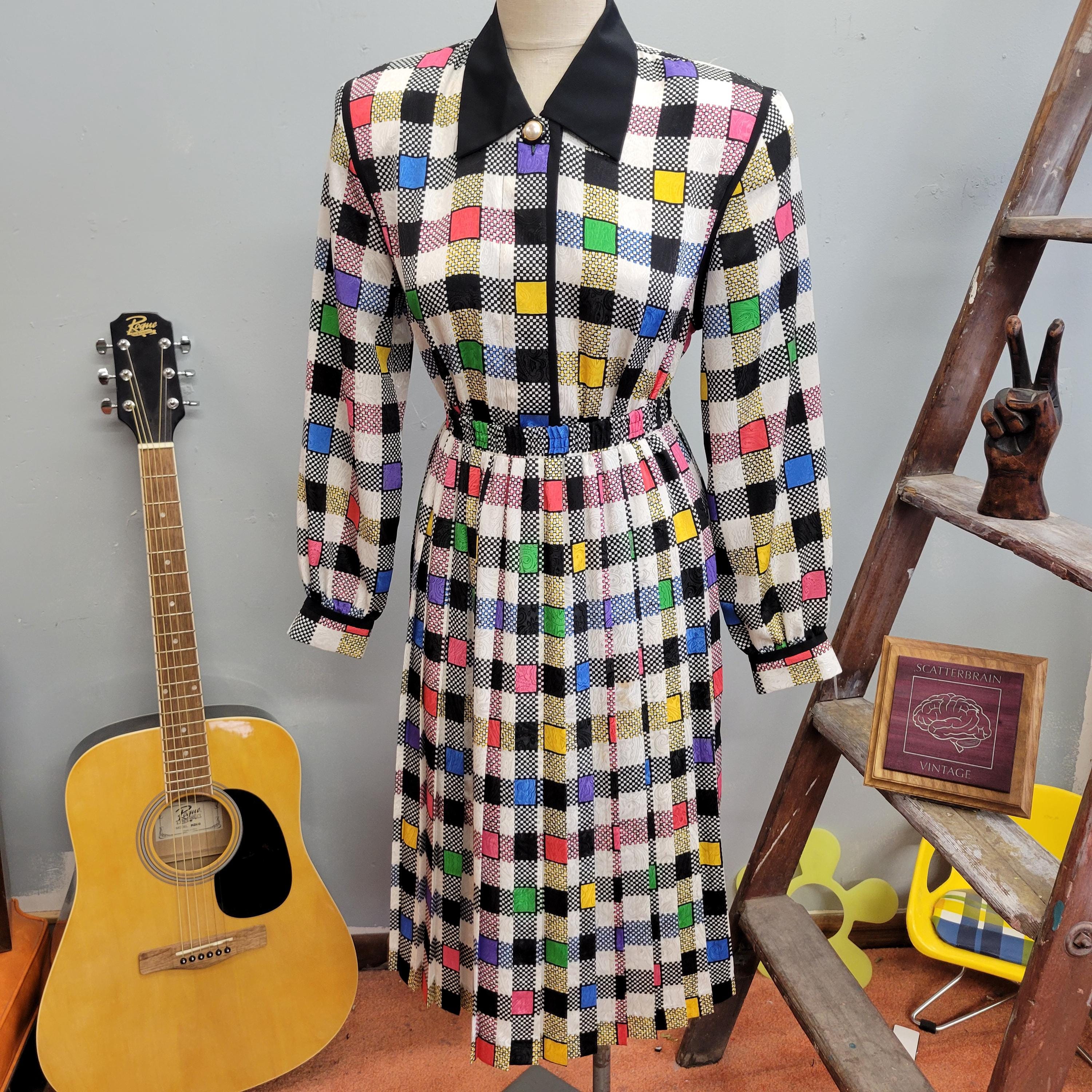 Vintage 80s Rainbow Checkered Outfit: Pleated Skirt Set, Size 8