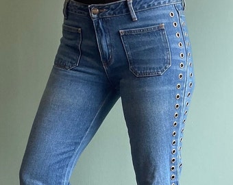 Women vintage 90s black trousers, high waist kick flare boot cut leg fit  with a front invisible zip