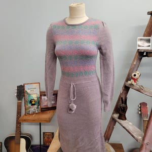 70s Striped Knit Sweater Dress: Vintage Floral Pom Pom Belted Midi