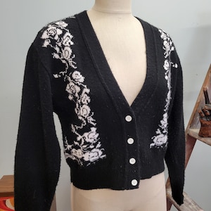 Vintage 60s Floral Cardigan: Black & White Cropped Sweater, Made in USA