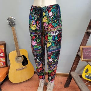 vtg 80s JAMS WORLD PANTS // vintage medium hawaiian rayon abstract floral colorful funky retro baggy tapered spring summer lightweight pants