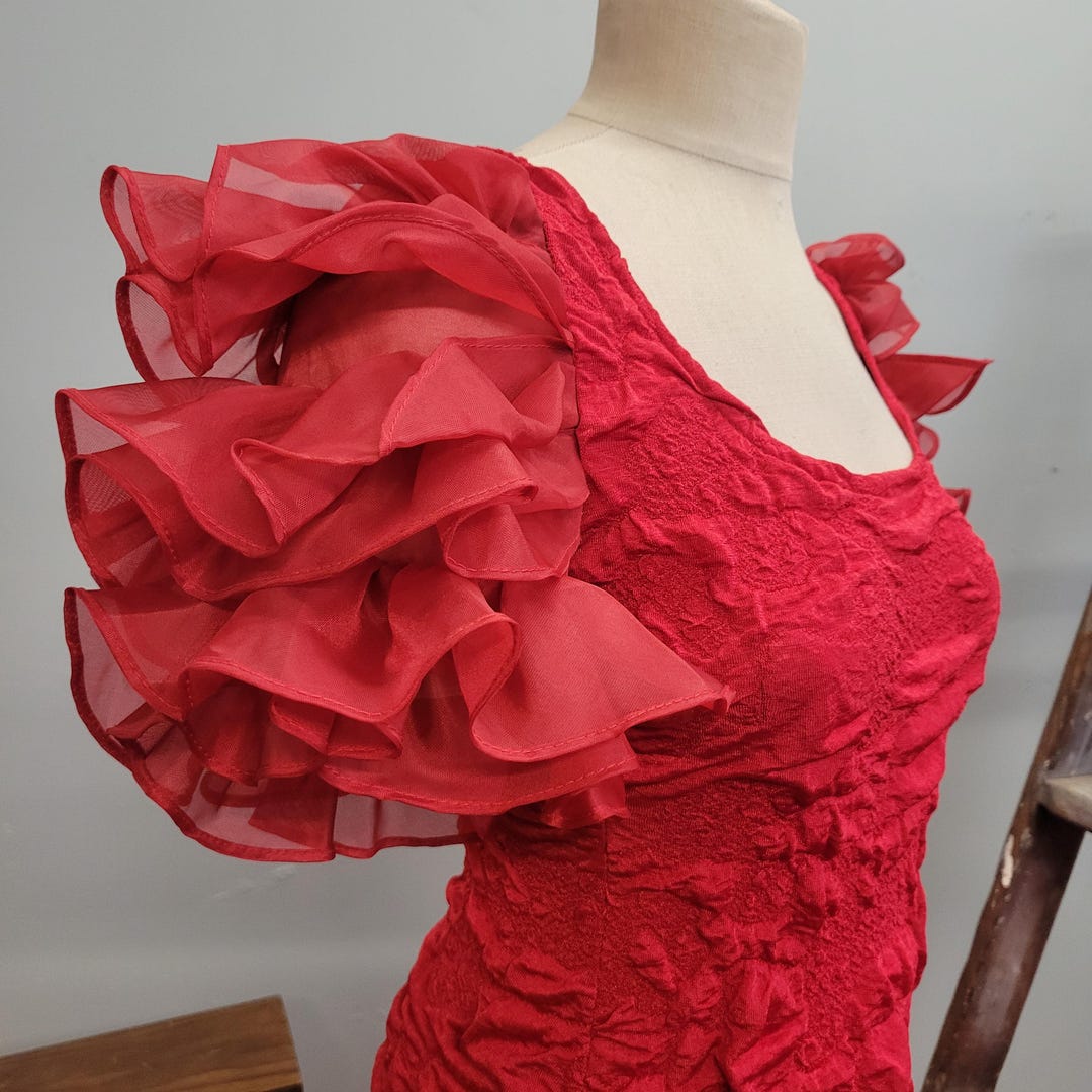 80s Ruffles Vintage 80s Ruffle Sleeve Dress: Red Crinkle Party Dress, Size 5 - Etsy