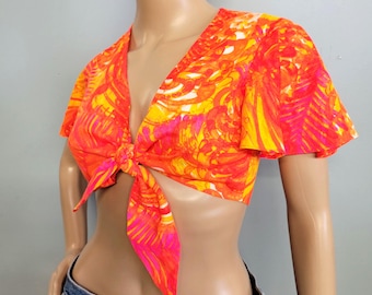 vtg 70s Psychedelic Flutter Sleeve Blouse, Retro Beach Cover Up Tie Waist Crop Top