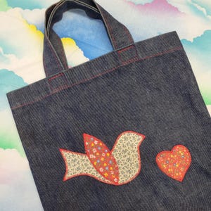 70s Denim Patchwork Tote Bag: Vintage Embroidered Bird Applique