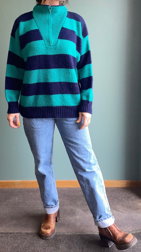 Vtg 80s Teal & Black Striped Slouchy Sweater / Zi… - image 4