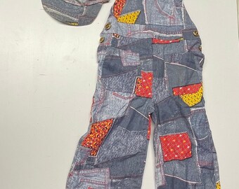 Vtg 70s patchwork denim overall jumpsuit & matching cap kids size 8-10 pre teen train conductor retro hippie boho youth large