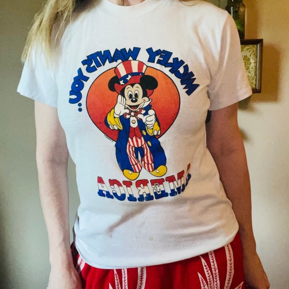 Vtg 70s MICKEY WANTS YOU, Bicentennial Usa Graphic Tee Soft Thin