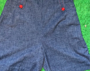 Vtg 1950s shorts dark chambray red buttons cute short shorts jorts rockabilly 50s pin up classic retro summer style high waisted denim short