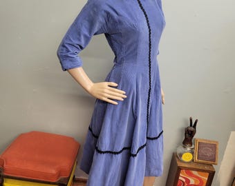 vtg 40s Sweet Blue Corduroy Dress, black ribbon embroidered fit n flare