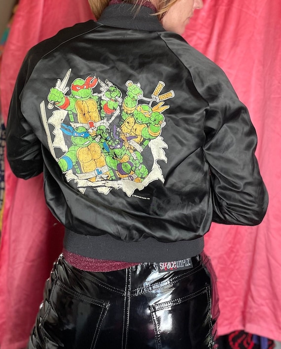 Vintage 90s Teenage Mutant Ninja Turtles Jacket / Black Satin Track Jacket  / 90s Cartoon Shirt / Lightweight Jacket 