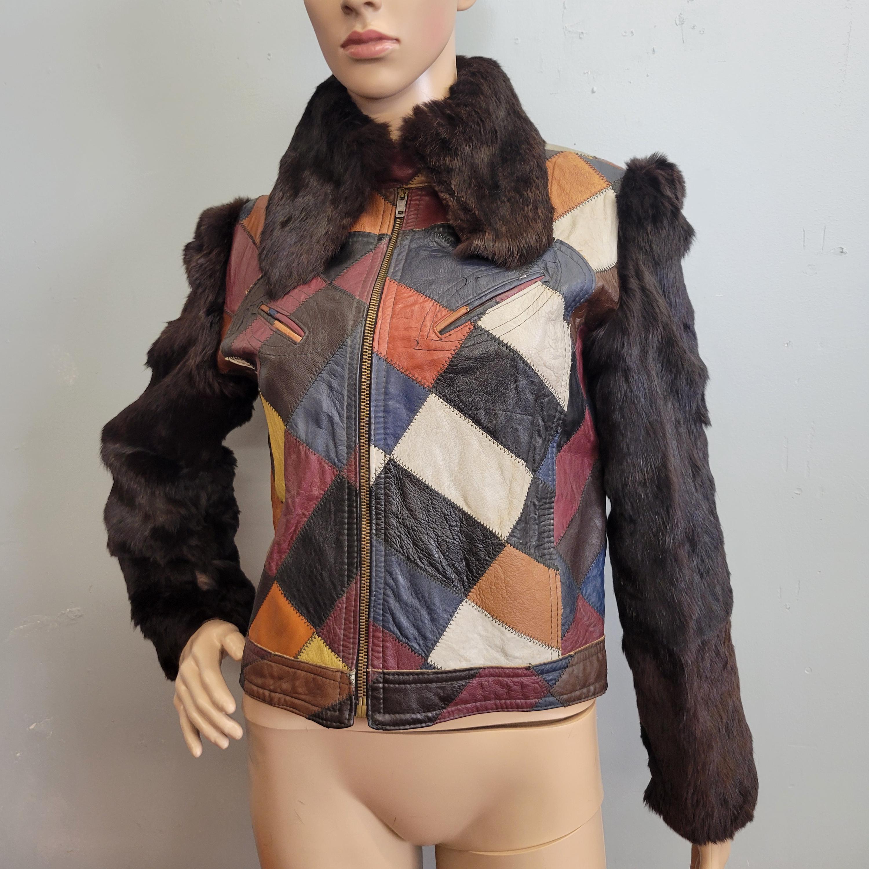 Vintage Y2K Brown Rabbit Fur Genuine Leather Moto Jacket Coat Size L