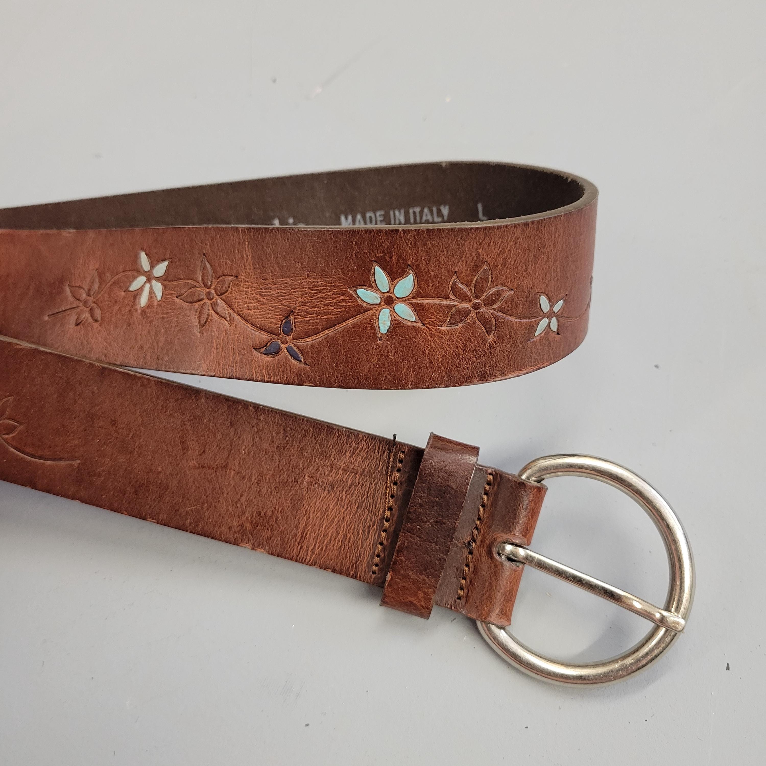 Vtg 70s FLORAL LEATHER BELT // Vintage Abercrombie Made in Italy
