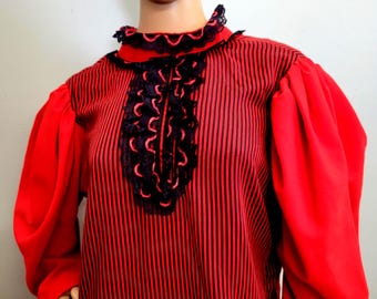 vtg 70s RED GOTHIC Shirt : vintage retro large puff sleeve black lace pinstriped balloon sleeve blouse
