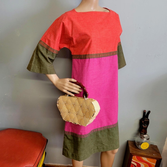 hot pink color block dress Vtg 70s Hawaiian Dress, Carol and Mary BABA KEA Midi dress