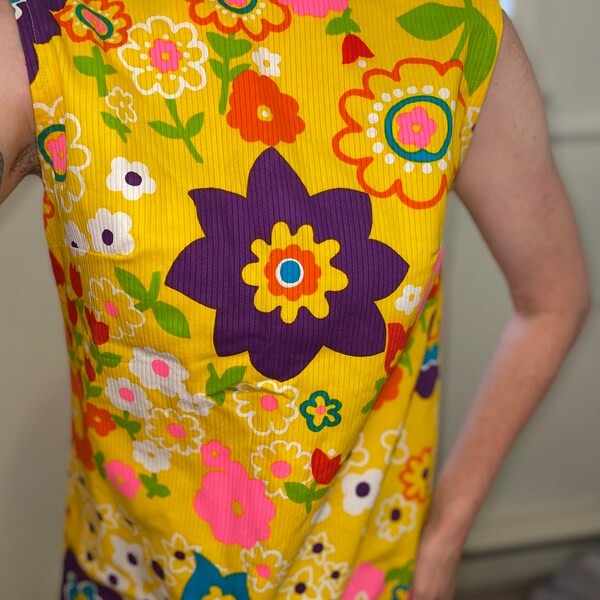 Vintage 60s Flower Power Dress / Bright Vivid Yellow Day Glow Psychedelic Maxi Dress