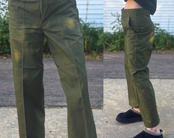 Vintage Military Capri Trousers: 1980s Olive Green Kick Flare, 30" Waist