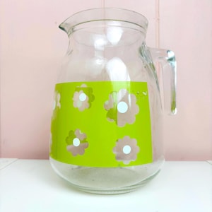 vtg 70s Glass Pitcher, Green Flower Power Party Punch Bowl