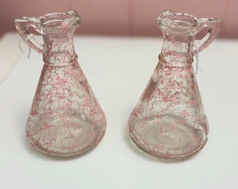 vtg 1950s Pink Swirl Oil & Vinegar Cruets, Pastel Mid-Century Kitchen Table Decor